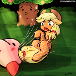Size: 500x500 | Tagged: safe, artist:lumineko, applejack, earth pony, pony, puffball, g4, crossover, female, imminent vore, implied vore, kirby, kirby (series), kirby super star, mare, whispy woods