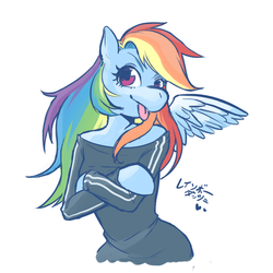 Size: 800x800 | Tagged: safe, artist:onikama, rainbow dash, anthro, g4, arm hooves, crossed arms, female, japanese, shoulderless, solo, tongue out