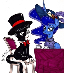 Size: 1282x1463 | Tagged: safe, artist:newyorkx3, princess luna, oc, oc:tommy junior, alicorn, earth pony, pony, g4, bowtie, clothes, colt, cup, dress, female, hat, like a sir, male, mare, monocle, monocle and top hat, simple background, teacup, top hat, traditional art