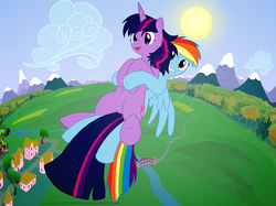 Size: 2251x1688 | Tagged: safe, artist:skipsy, rainbow dash, twilight sparkle, pegasus, pony, unicorn, g4, bridge, carrying, cloud, cute, duo, female, field, flying, forest, golden oaks library, happy, hoof hold, leg hold, lesbian, mare, mountain, open mouth, ponyville, river, ship:twidash, shipping, signature, sky, smiling, spread wings, sun, underhoof, vector, vertigo, wings