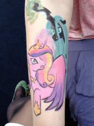 Size: 1280x1707 | Tagged: safe, artist:angelfacedmuffin, princess cadance, queen chrysalis, pony, g4, bodypaint, duo