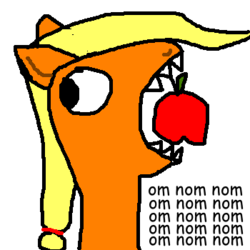 Size: 350x350 | Tagged: safe, artist:sandwich, applejack, g4, apple, comic sans, female, ms paint, nom, solo, stylistic suck, that pony sure does love apples