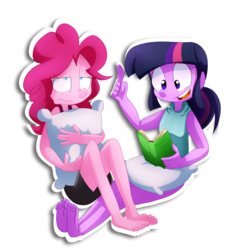 Size: 2000x2000 | Tagged: safe, artist:fj-c, pinkie pie, twilight sparkle, equestria girls, g4, barefoot, book, bored, clothes, duo, feet, high res, pajamas, pillow, simple background, toes, transparent background
