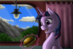 Size: 2000x1343 | Tagged: safe, artist:anadukune, twilight sparkle, alicorn, pony, g4, eyes on the prize, female, hay burger, magic, mare, open mouth, smiling, solo, telekinesis, that pony sure does love burgers, twilight burgkle, twilight sparkle (alicorn)