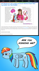 Size: 877x1578 | Tagged: safe, artist:saburodaimando, rainbow dash, equestria daily, g4, female, grumpy, my little pony logo, rainbow dash always dresses in style, rainbow dash always grooms in style, rainbow dash is not amused, text, toy