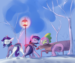 Size: 4800x4000 | Tagged: safe, artist:imsokyo, rarity, spike, twilight sparkle, alicorn, pony, unicorn, daily life of spike, g4, clothes, coat, eyes closed, female, floppy ears, lamppost, looking back, mare, scarf, snow, snowball, sweater, twilight sparkle (alicorn), winter
