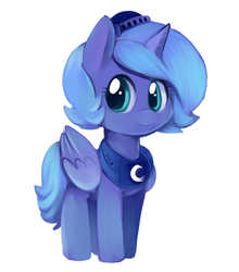 Size: 650x737 | Tagged: safe, artist:ende26, princess luna, g4, cute, female, filly, hat, looking at you, smiling, solo, woona, woona knight