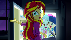 Size: 1280x720 | Tagged: safe, edit, edited screencap, screencap, bon bon, lyra heartstrings, sunset shimmer, sweetie drops, equestria girls, g4, my little pony equestria girls: rainbow rocks, female, lesbian, pinkie's refrigerator, ship:lyrabon, shipping