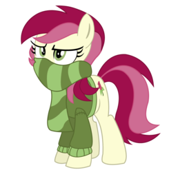 Size: 780x796 | Tagged: safe, artist:knighty, roseluck, earth pony, pony, g4, clothes, cold, disgruntled, female, fimfiction, mare, scarf, show accurate, simple background, solo, sweater, transparent background