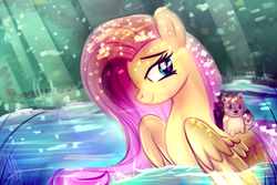 Size: 3000x2000 | Tagged: safe, artist:xwhitedreamsx, fluttershy, hedgehog, pegasus, pony, g4, crepuscular rays, female, high res, looking back, mare, smiling, solo, tree