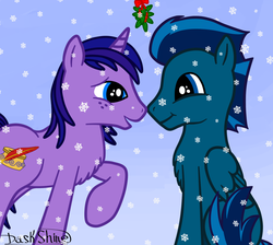 Size: 1024x916 | Tagged: safe, artist:daskshine, oc, oc only, oc:dask shine, chest fluff, gay, gradient background, implied kissing, looking at each other, male, mistleholly, open mouth, raised hoof, shipping, sitting, smiling, snow, snowfall, winter