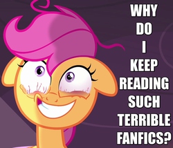 Size: 700x600 | Tagged: safe, edit, edited screencap, screencap, scootaloo, g4, sleepless in ponyville, bloodshot eyes, caption, contemplating insanity, crazy face, eye twitch, faic, fanfic, female, floppy ears, grin, image macro, insanity, meta, reaction image, smiling, solo, wide eyes