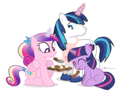 Size: 1110x840 | Tagged: safe, artist:dm29, princess cadance, shining armor, twilight sparkle, g4, apron, brownie, clothes, eating, filly, food, magic, simple background, transparent background, trio