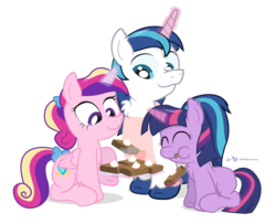 Size: 1110x900 | Tagged: safe, artist:dm29, princess cadance, shining armor, twilight sparkle, g4, apron, brownie, chest fluff, clothes, colt, colt shining armor, eating, filly, fluffy, food, fuzznums, magic, male, simple background, transparent background, trio, younger