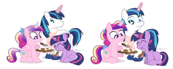 Size: 2220x900 | Tagged: safe, artist:dm29, princess cadance, shining armor, twilight sparkle, g4, apron, brownie, chest fluff, clothes, comparison, eating, filly, food, fuzznums, magic, style comparison, trio