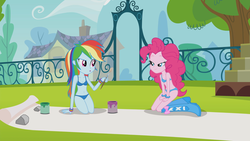 Size: 1920x1080 | Tagged: safe, edit, edited screencap, screencap, pinkie pie, rainbow dash, human, equestria girls, g4, my little pony equestria girls: rainbow rocks, bedroom eyes, belly button, blue underwear, boots, bra, bracelet, breast edit, breasts, clothes, female, high heel boots, jewelry, outdoors, paintbrush, panties, underwear, underwear edit
