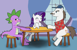 Size: 2550x1650 | Tagged: safe, artist:bico-kun, hondo flanks, rarity, spike, g4, aloha shirt, baseball cap, blushing, clothes, father and daughter, female, footsie, hat, hawaiian shirt, looking away, magnum p.i., male, nervous, ship:sparity, shipping, stool, straight, sweat, table, tail wrap