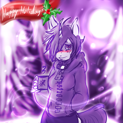 Size: 720x720 | Tagged: safe, artist:fu-do, oc, oc only, oc:violet poe, anthro, anthro oc, blushing, christmas, coffee mug, freckles, holiday, purple, snow, snowfall, winter