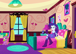Size: 1400x1004 | Tagged: safe, artist:macs44, artist:serendipony, hundreds of users filter this tag, rarity, spike, dog, human, equestria girls, g4, my little pony equestria girls: rainbow rocks, bed, bedroom, bedroom eyes, duo, female, human ponidox, love, male, ship:sparity, shipping, spike the dog, straight, vector