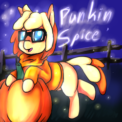 Size: 648x648 | Tagged: safe, artist:fu-do, oc, oc only, oc:punkin spice, firefly (insect), autumn, clothes, glasses, night, pumpkin, pumpkin patch, sweater, turtleneck