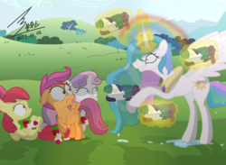 Size: 1200x876 | Tagged: safe, artist:bluse, apple bloom, princess celestia, scootaloo, sweetie belle, earth pony, pony, g4, bipedal, cutie mark crusaders, female, floppy ears, frown, grin, hoof hold, magic, missing accessory, mistakes were made, on back, rainbow, raised hoof, show accurate, slasher smile, smiling, snaplestia, spread wings, telekinesis, this will end in tears and/or death and/or covered in tree sap, this will not end well, tree sap and pine needles, watergun, wet, wet mane, wide eyes