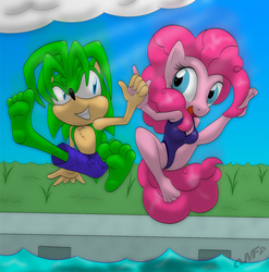 Size: 1500x1518 | Tagged: safe, artist:miniferu, pinkie pie, earth pony, anthro, plantigrade anthro, g4, clothes, crossover, feet, manic the hedgehog, manicpie, one-piece swimsuit, sonic the hedgehog (series), swimming pool, swimsuit