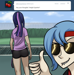 Size: 1280x1291 | Tagged: safe, artist:7nights, princess luna, twilight sparkle, human, ask human luna, g4, ask, dat ass, humanized, implied lesbian, implied shipping, implied twiluna, sunglasses, tennis, tumblr, twibutt