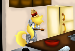Size: 1680x1159 | Tagged: safe, artist:king-sombrero, derpy hooves, pegasus, pony, g4, baking, bowl, cute, female, kitchen, malk, mare, messy mane, milk, mouth hold, refrigerator, smiling, solo, spoon, this will end in tears