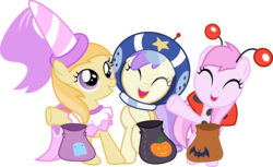 Size: 5095x3110 | Tagged: safe, artist:incognito-i, alula, noi, piña colada, pluto, earth pony, pony, g4, luna eclipsed, awwlula, clothes, costume, cute, filly, nightmare night, nightmare night costume, noiabetes, piña cutelada, simple background, transparent background, vector