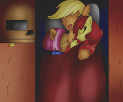 Size: 1532x1268 | Tagged: safe, artist:mytatsur, apple bloom, applejack, babs seed, earth pony, anthro, g4, apple family, request, sleeping