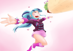 Size: 3435x2400 | Tagged: safe, artist:aisureimi, sonata dusk, equestria girls, g4, cute, female, happy, high res, jumping, solo, sonatabetes, sonataco, taco, that girl sure loves tacos, that siren sure does love tacos