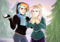 Size: 1700x1200 | Tagged: safe, artist:sashaalice, fluttershy, rainbow dash, human, g4, clothes, coat, gloves, hat, holiday, hoodie, humanized, looking at you, scarf, snow, snowball, snowfall, winter