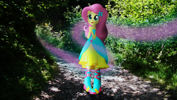 Size: 3840x2160 | Tagged: safe, artist:bastbrushie, fluttershy, equestria girls, g4, boots, clothes, cute, dress, equestria girls in real life, fall formal outfits, female, forest, high heel boots, high res, irl, pathway, photo, solo