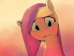 Size: 1024x768 | Tagged: safe, artist:swomswom, fluttershy, pony, g4, bust, female, head tilt, looking at you, portrait, solo