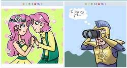 Size: 515x279 | Tagged: safe, artist:7nights, artist:monnarcha, fluttershy, human, ask human luna, derpibooru, g4, ask, binoculars, blood, breasts, butterscotch, exploitable meme, female, hippie, hippieshy, humanized, juxtaposition, juxtaposition win, male, meme, meta, nosebleed, royal guard, rule 63, self ponidox, selfcest, ship:flutterscotch, shipping, straight, tumblr