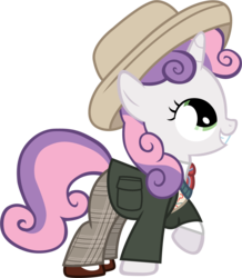 Size: 972x1117 | Tagged: safe, artist:cloudy glow, sweetie belle, pony, unicorn, g4, awww, claire corlett, clothes, cosplay, costume, crossover, cute, daaaaaaaaaaaw, diasweetes, doctor who, female, jumper, necktie, panama hat, pants, safari jacket, seventh doctor, shirt, simple background, solo, sylvester mccoy, tartan, transparent background, vector, wip