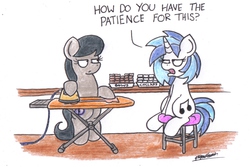 Size: 1930x1286 | Tagged: safe, artist:bobthedalek, dj pon-3, octavia melody, vinyl scratch, earth pony, pony, unicorn, g4, duo, ironing, octavia is not amused, sitting, stool, unamused, vinyl scratch is not amused