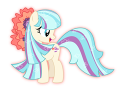 Size: 4115x3000 | Tagged: safe, artist:aqua-pony, coco pommel, g4, cocobetes, cute, female, flower in hair, glowing, long mane, long tail, looking back, open mouth, rainbow power, rainbow power-ified, simple background, smiling, solo, transparent background, vector