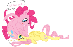 Size: 2451x1589 | Tagged: safe, artist:elslowmo, edit, fluttershy, pinkie pie, pegasus, pony, g4, blushing, chubby, faceful of ass, facesitting, fat, fat edit, female, flutterseat, mare, obese, sweat