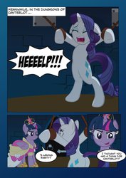 Size: 752x1063 | Tagged: safe, artist:radiantrealm, rarity, twilight sparkle, alicorn, pony, comic:reframed rarity, g4, bondage, chains, comic, dialogue, dungeon, female, help, imprisoned, lesbian, mare, roleplaying, shackles, ship:rarilight, shipping, show accurate, taunting, twidom, twilight sparkle (alicorn)
