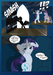 Size: 800x1131 | Tagged: safe, artist:radiantrealm, rainbow dash, rarity, twilight sparkle, alicorn, pony, comic:reframed rarity, g4, blatant lies, blushing, bondage, chains, comic, dialogue, embarrassed, female, happy bondage, imprisoned, lesbian, mare, roleplaying, shackles, ship:rarilight, shipping, show accurate, silhouette, twidom, twilight sparkle (alicorn)