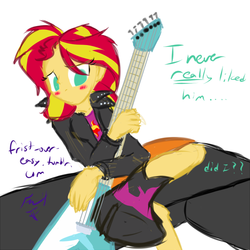 Size: 528x528 | Tagged: safe, artist:frist44, sunset shimmer, equestria girls, g4, 30 minute art challenge, blushing, guitar, implied flashimmer, implied shipping, implied straight, quality