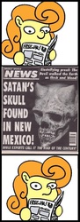 Size: 472x1299 | Tagged: safe, carrot top, golden harvest, devil, earth pony, pony, g4, exploitable meme, female, mare, meme, newspaper, newspaper meme, parody, religion in the comments, satan, skull, united states, wat, weekly world news