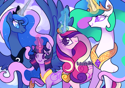 Size: 1000x700 | Tagged: safe, artist:kkitsu, princess cadance, princess celestia, princess luna, twilight sparkle, alicorn, pony, g4, alicorn tetrarchy, female, hair over one eye, magic, mare, raised hoof, smiling, spread wings, twilight sparkle (alicorn)