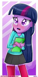 Size: 900x1783 | Tagged: safe, artist:vixelzf, twilight sparkle, equestria girls, g4, book, clothes, crying, female, sad, skirt, socks, solo, teary eyes, thigh highs, thigh socks