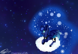 Size: 2300x1600 | Tagged: safe, artist:chocolaterainwith235, princess luna, g4, cloud, female, prone, smiling, solo, space, spread wings