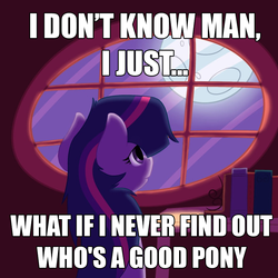 Size: 894x894 | Tagged: artist needed, source needed, safe, twilight sparkle, g4, image macro, meme, moon, parody, sad, who's a good pony, window