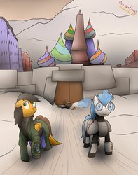 Size: 1008x1280 | Tagged: safe, artist:the-furry-railfan, oc, oc only, oc:bloodbeak, oc:minty candy, oc:twintails, cyborg, griffon, pegasus, pony, unicorn, fallout equestria, fallout equestria: occupational hazards, armor, barricade, building, city, clothes, door, glasses, mooscow, pipbuck, road, ruins, snow, story