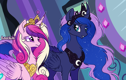 Size: 899x573 | Tagged: safe, artist:kkitsu, princess cadance, princess luna, g4, fluffy, frown, messy mane, mirror, scene interpretation