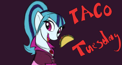 Size: 1366x728 | Tagged: safe, artist:xxmarkingxx, sonata dusk, equestria girls, g4, my little pony equestria girls: rainbow rocks, female, solo, sonataco, taco, taco tuesday, that girl sure loves tacos, that pony sure does love tacos, that siren sure does love tacos